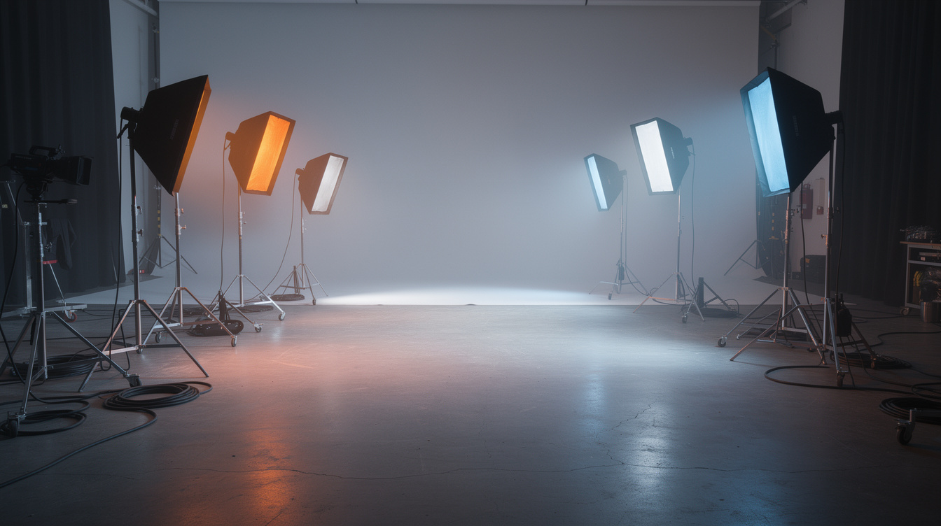 Professionelles Lichtequipment mit Softboxen im Filmstudio
