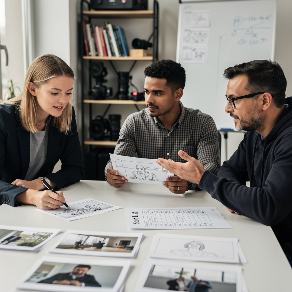 Filmteam plant Szenen anhand von Storyboards