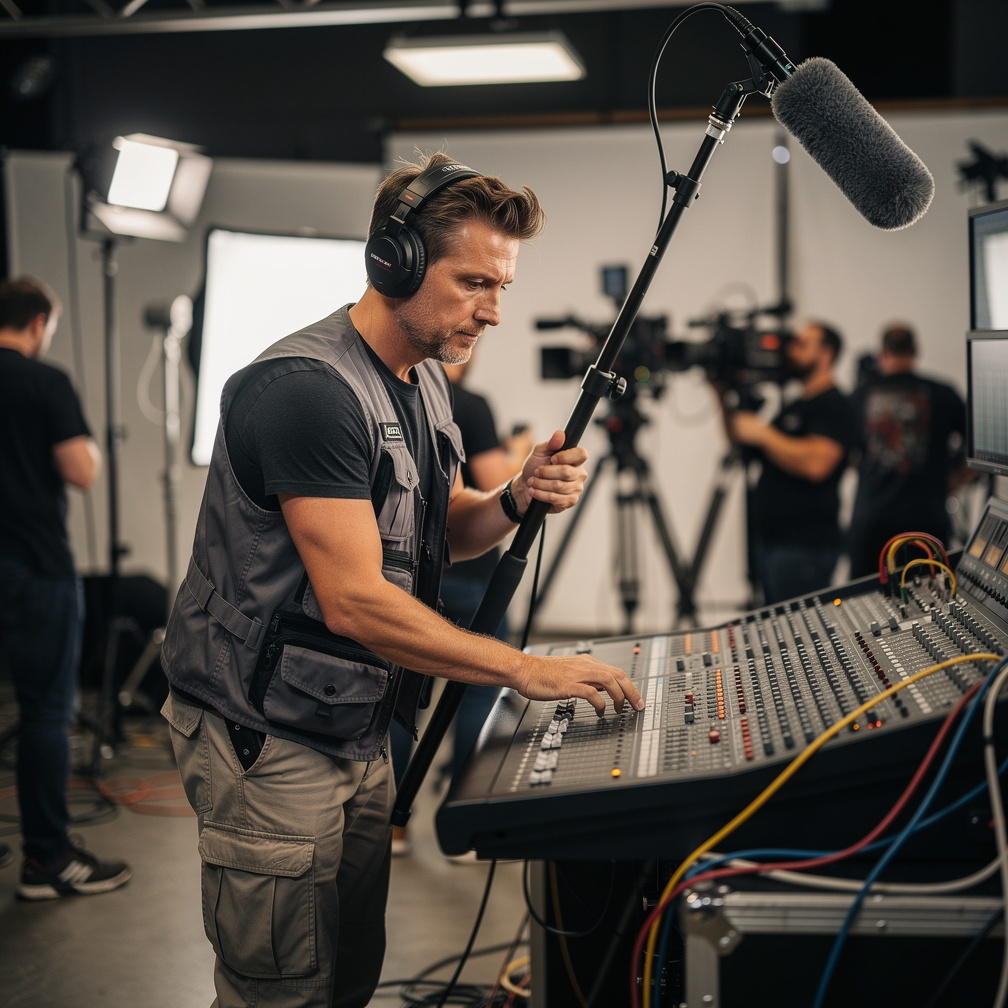 Tontechniker mit Mischpult und Mikrofon am Filmset