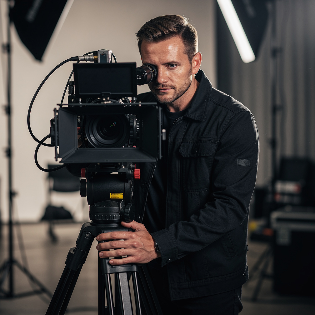 Kameramann bedient professionelle Filmkamera im Studio