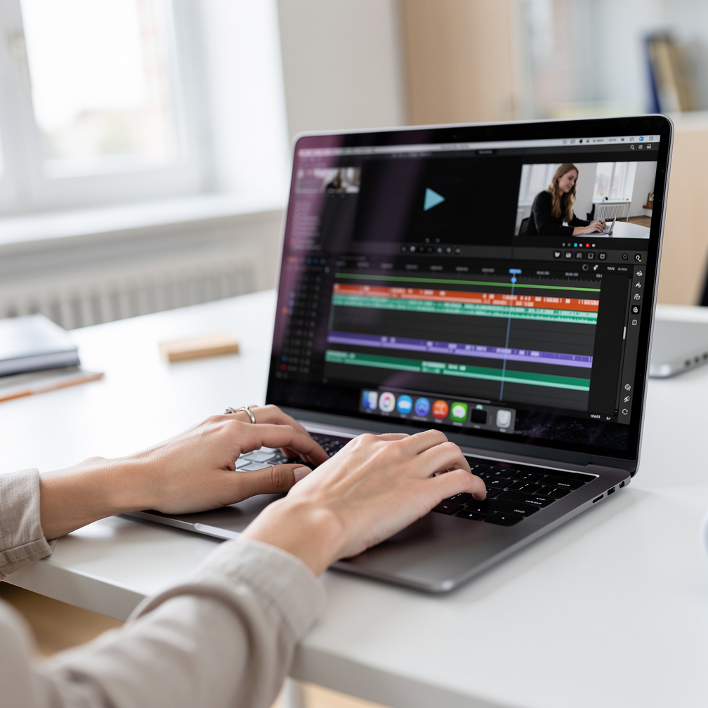 Videoeditorin bearbeitet Filmmaterial am Laptop